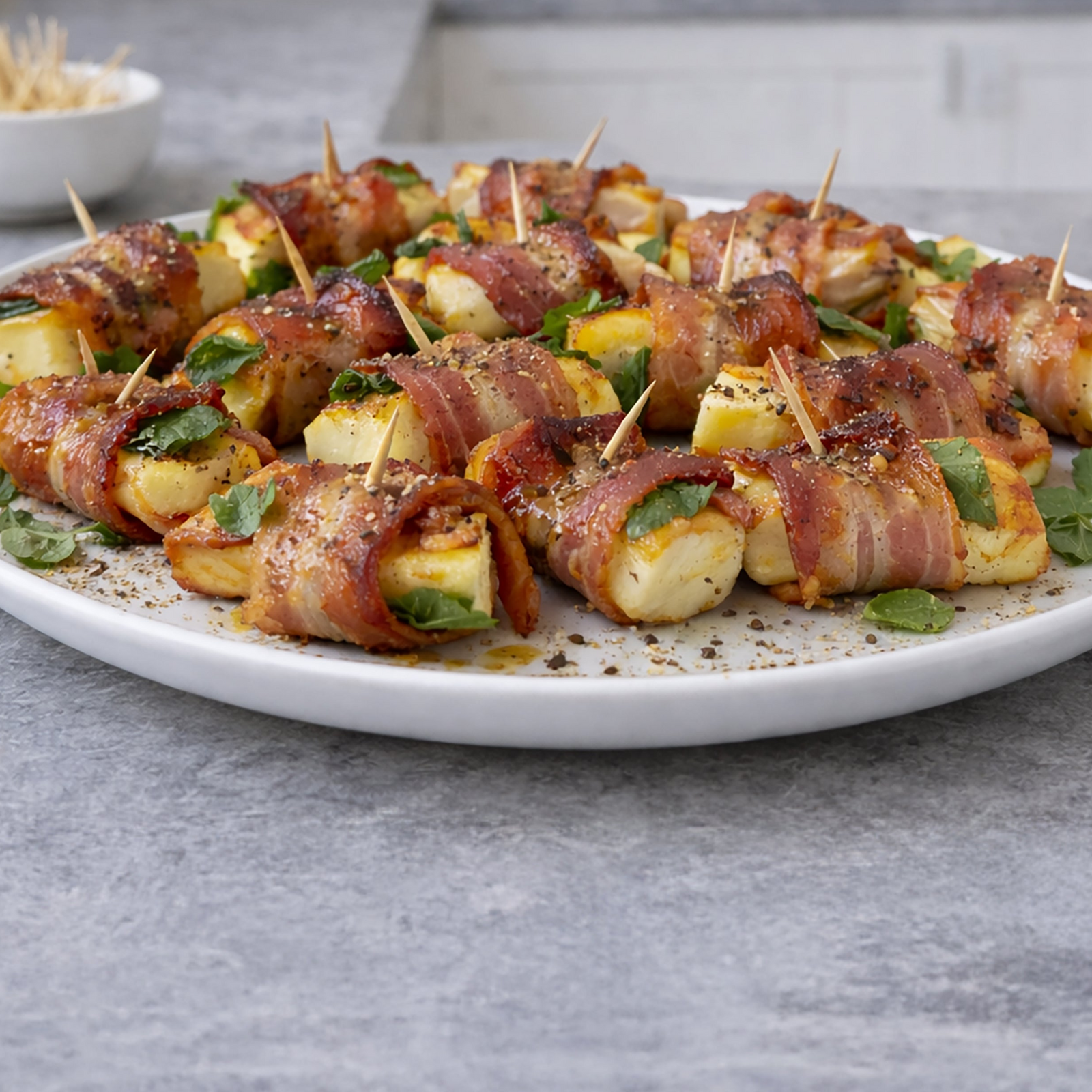 Platter of bacon-wrapped vegetable skewers on a gray surface