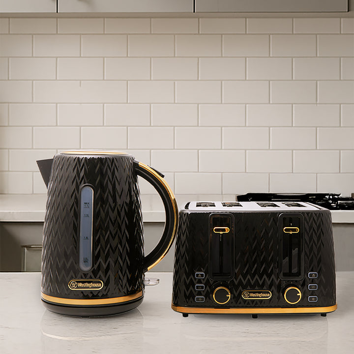 Westinghouse Kettle and Toaster Pack Black Gold 1.7L Kettle, 4 Slice Toaster
