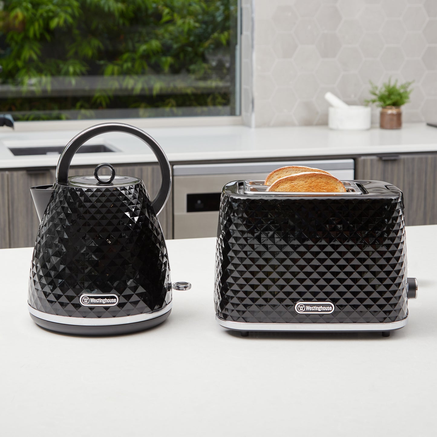 Westinghouse Kettle and Toaster Pack Black Diamond 1.7L Kettle, 2 Slice Toaster