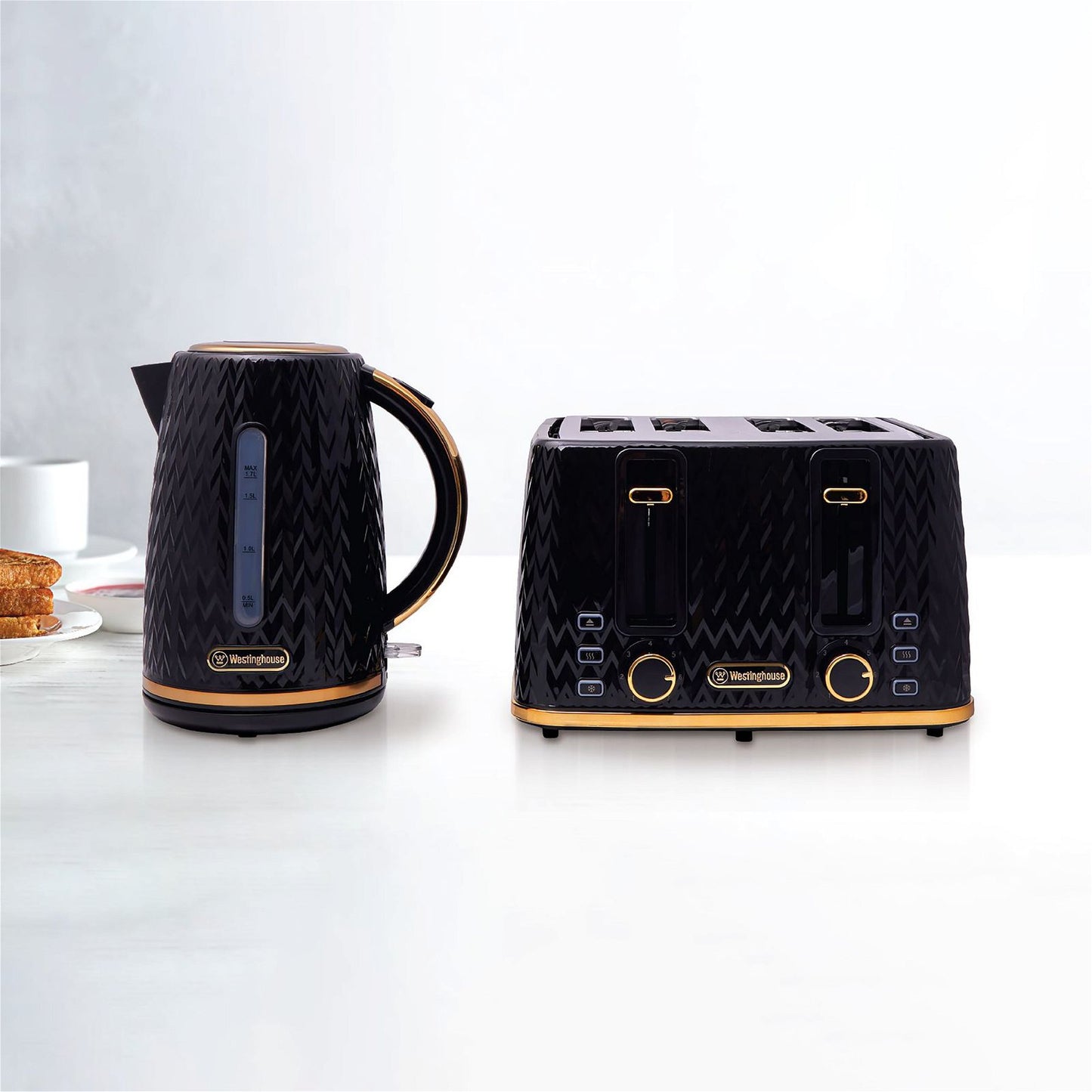Westinghouse Kettle and Toaster Pack Black Gold 1.7L Kettle, 4 Slice Toaster-#product_category#- Distributed by: RVM under license