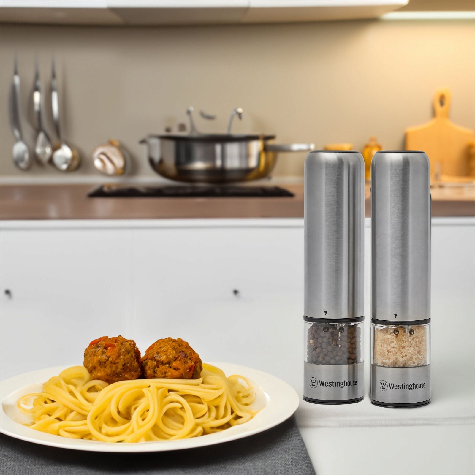 Westinghouse Salt and Pepper Mill Pair Deluxe Electric Stainless Steel, LED Light -  -  