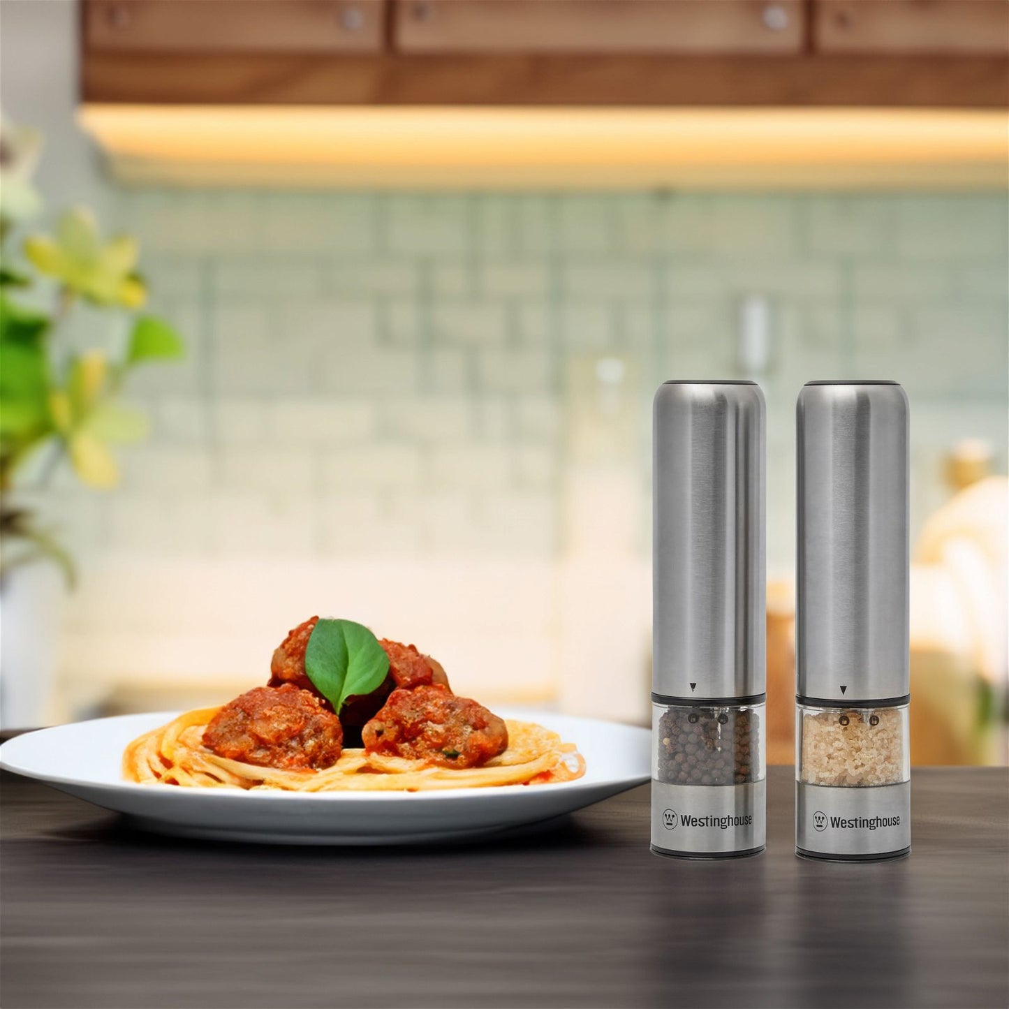 Westinghouse Salt and Pepper Mill Pair Deluxe Electric Stainless Steel, LED Light -  -  